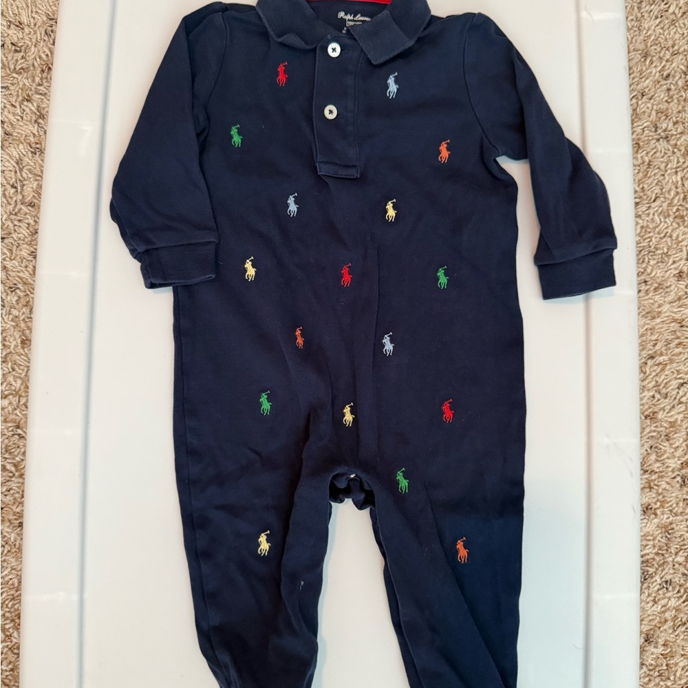 Ralph Lauren Navy Baby Boys Schiffli-Embroidered Coverall